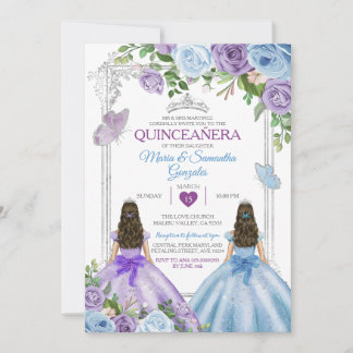 ZWEI Lila und blaue Schmetterlinge Silber Quinceañ Einladung