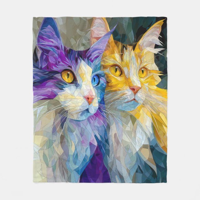 Zwei lila und gelbe Katzen Fleecedecke (Vorderseite)
