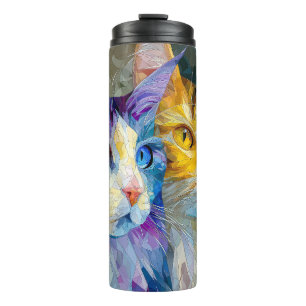Zwei lila und gelbe Katzen Thermosbecher