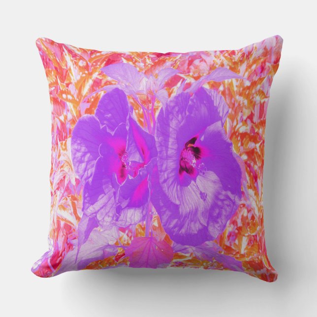 Zwei Lila und heiße Pink Pum Crazy Hibiskus in Rot Kissen (Vorderseite)