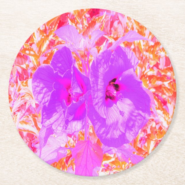 Zwei Lila und heiße rosa Pollen Crazy Hibiskus Runder Pappuntersetzer (Vorderseite)