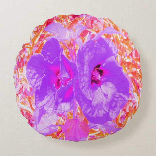 Zwei Lila und heiße rosa Pollen Crazy Hibiskus Rundes Kissen (Vorderseite)