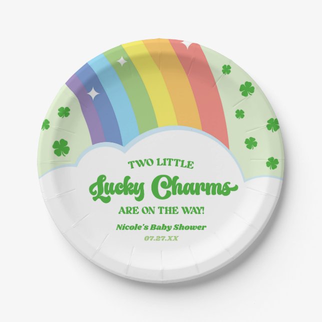 Zwei Lucky Charms Rainbow Twins Baby Dusche Pappteller (Vorderseite)