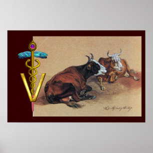 ZWEI LÜGENDE KÜHE GOLDENER CADUCEUS VETERINÄR-SYMB POSTER