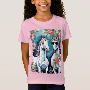 Zwei lustige Einhörner mit rosa Blumen T-Shirt