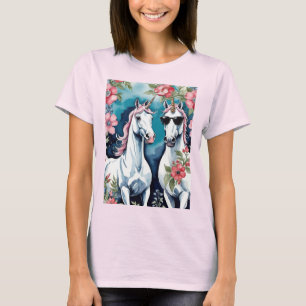 Zwei lustige Einhörner mit rosa Blumen T-Shirt