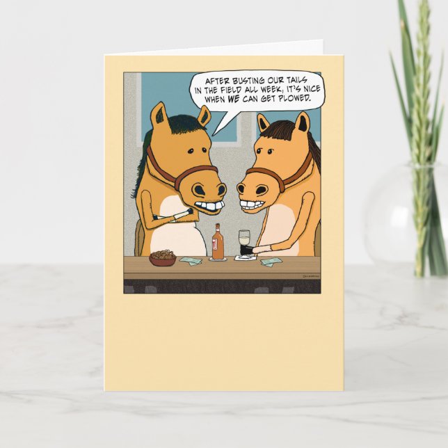 Zwei lustige Pferde zum Geburtstag pflügen Karte (Vorderseite)
