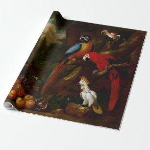 Zwei Macaws ein Cockatoo und ein Jay mit Obst Geschenkpapier