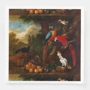 Zwei Macaws ein Cockatoo und eine Jay mit Obst Serviette