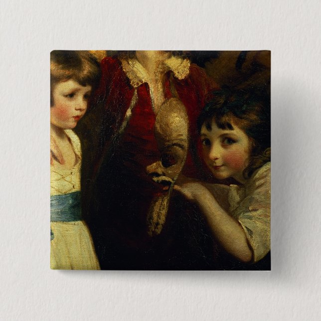 Zwei Mädchen, eins, das mit einer Maske, Detail Button (Vorderseite)