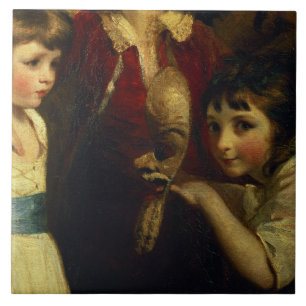 Zwei Mädchen, eins, das mit einer Maske, Detail Fliese