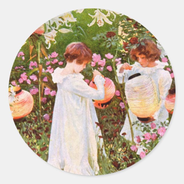 Zwei Mädchen im Garten Vintag Runder Aufkleber (Vorderseite)