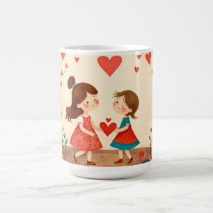 Zwei Mädchen in einer Blume Herz teilen Wiese Kaffeetasse