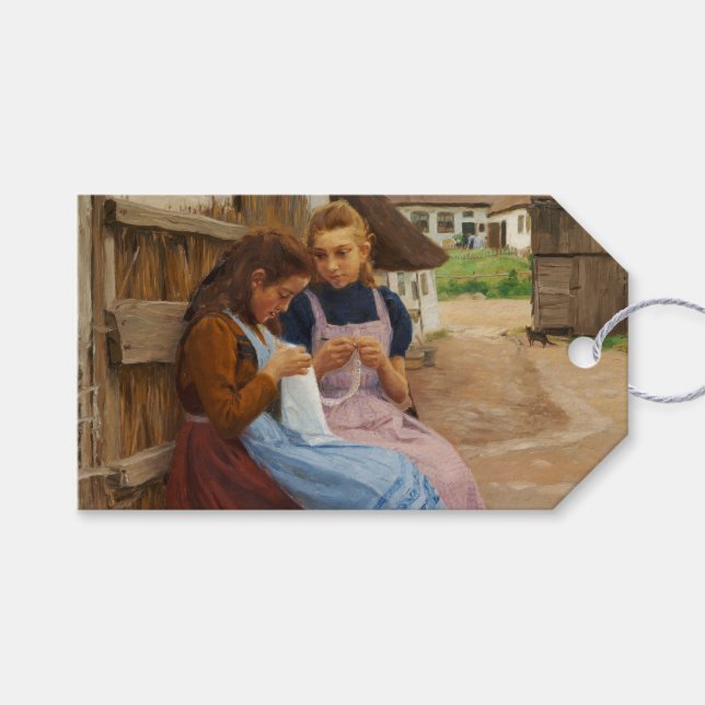 Zwei Mädchen mit Arbeit in einem Bauernhof Geschenkanhänger (Vorderseite (Horizontal))