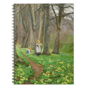 Zwei Mädchen pflücken im Frühjahrswald Blume Notizblock