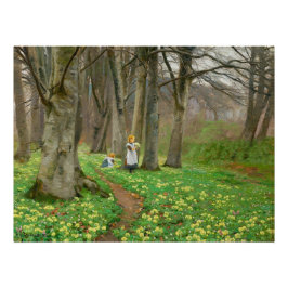 Zwei Mädchen pflücken im Frühjahrswald Blume Poster