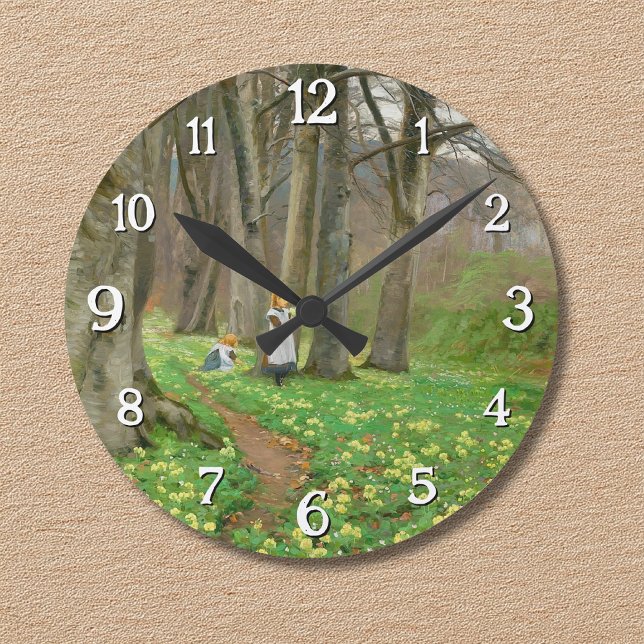 Zwei Mädchen pflücken im Frühjahrswald Blume Runde Wanduhr (Von Creator hochgeladen)