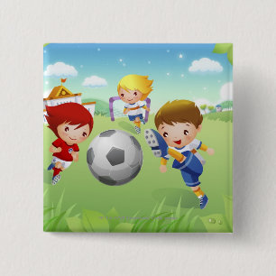 Zwei Mädchen und ein Junge, der Fußball spielt Button