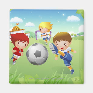 Zwei Mädchen und ein Junge, der Fußball spielt Magnet