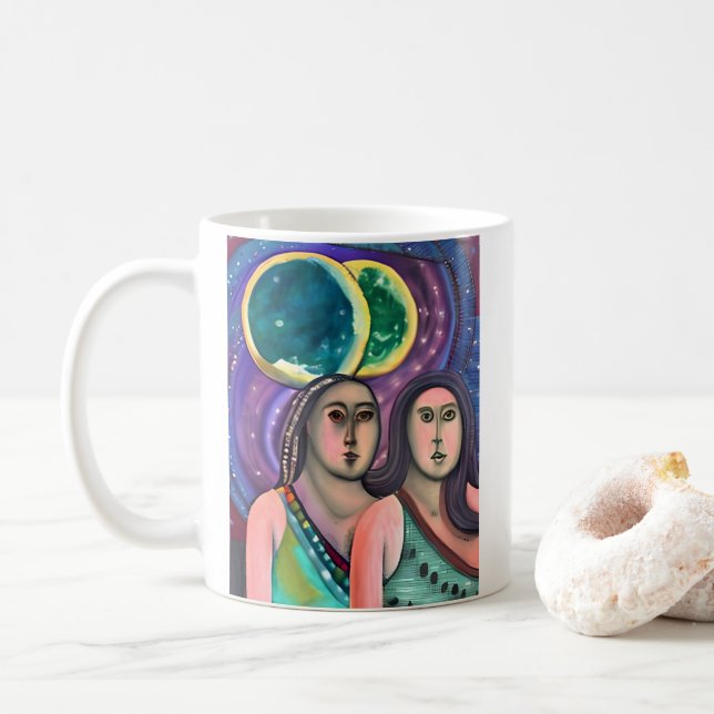 Zwei Mädchen unter dem Mond Kaffeetasse (Mit Donut)