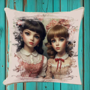 Zwei Mädchen Vintage-Puppentraum Whimsical Kissen