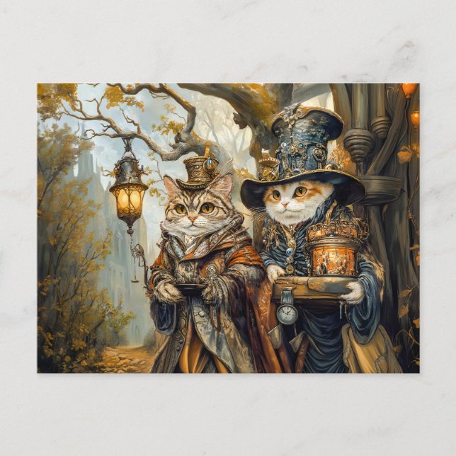 Zwei magische Katzen in einer Steampunkfantasiesze Postkarte (Vorderseite)