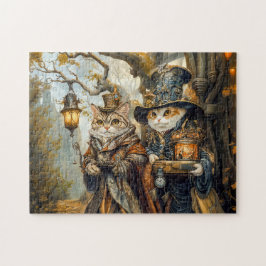 Zwei magische Katzen in einer Steampunkfantasiesze Puzzle