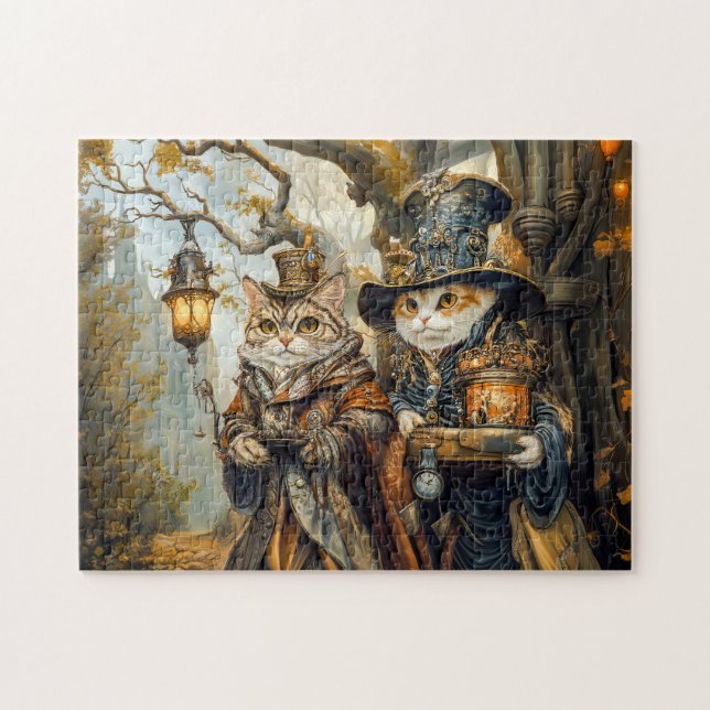 Zwei magische Katzen in einer Steampunkfantasiesze Puzzle (Horizontal)