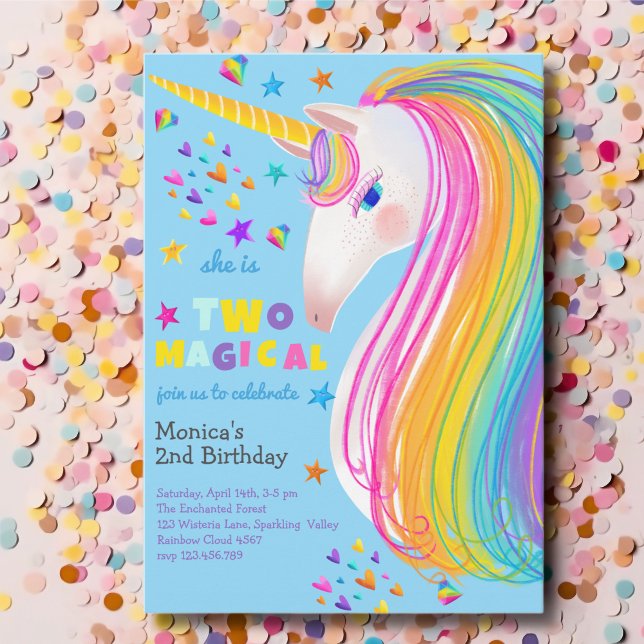Zwei magische Regenbogencreme Einhorn zweiten Gebu Einladung (Von Creator hochgeladen)