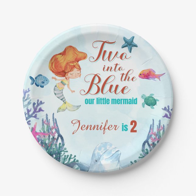 Zwei Mal in die Blue Orang Mermaid Girls 2. Geburt Pappteller (Vorderseite)