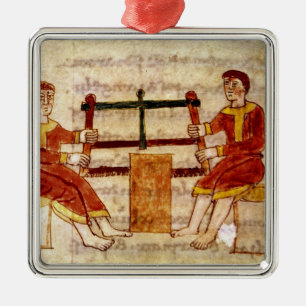 Zwei Männer, die Holz, von 'De Universo' sägen Silbernes Ornament