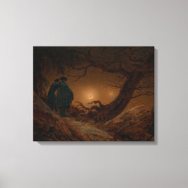 Zwei männliche Freunde, die nachts den Mond besieg Leinwanddruck