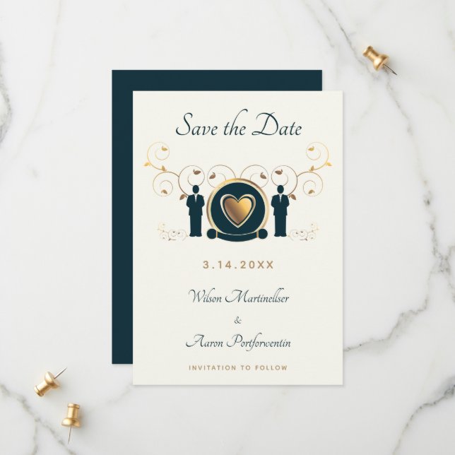 Zwei männliche Hochzeitscreme Blue LGBTQ Save The Date (Vorderseite/Rückseite Beispiel)