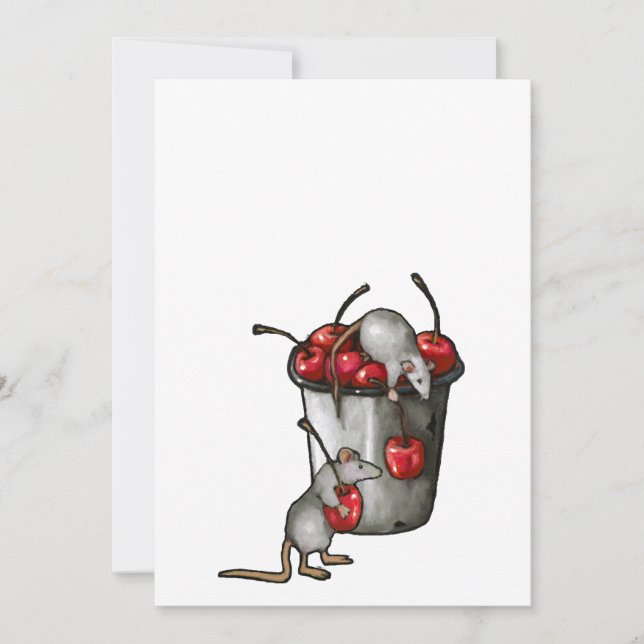 Zwei MÄUSE stehlen Kirschen, Eimer Kirschen Kunst Einladung (Vorderseite)