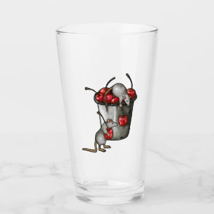 Zwei MÄUSE stehlen Kirschen, Eimer mit Kirschen Ku Glas
