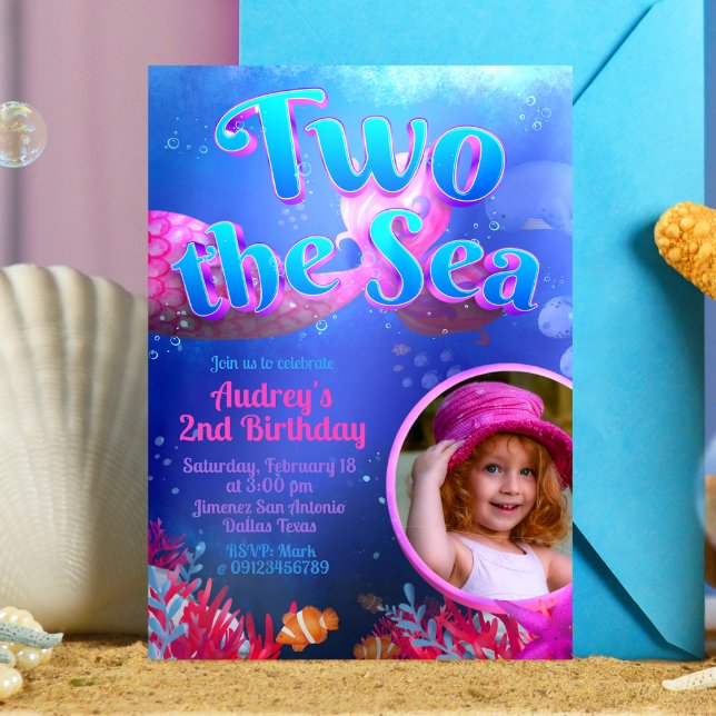 Zwei Meere - Meerjungfrau mit Foto Einladung (Two the Sea - Girl Mermaid 2nd Birthday Invitation with Picture)