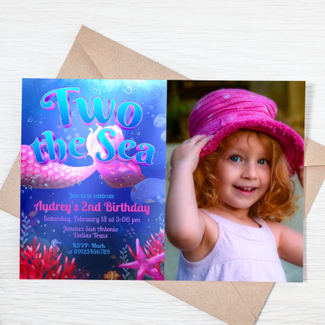 Zwei Meere mit Foto Landschaft Einladung (Two the Sea - Girl Mermaid 2nd Birthday Landscape Invitation with Picture)