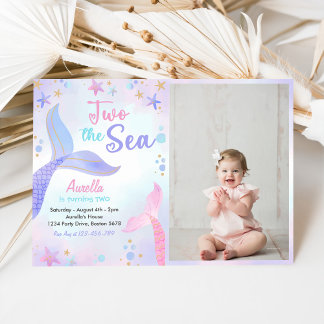 Zwei Meerjungfrau Mädchen 2. Geburtstag Foto Einladung