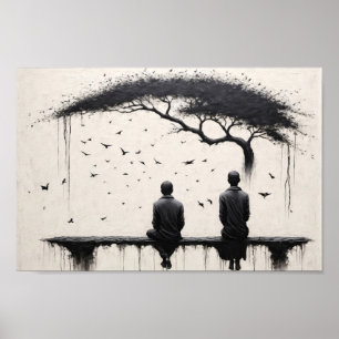 Zwei Mönche, die die Schönheit von Baum und Vögeln Poster