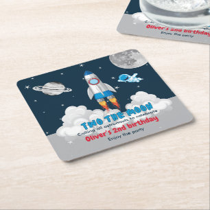 Zwei Mond Junge Weltraum Rakete 2. Geburtstag Rechteckiger Pappuntersetzer