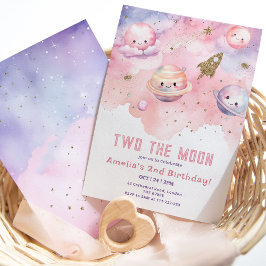 Zwei Mond Pink Girl Planets und Stars Geburtstag Einladung