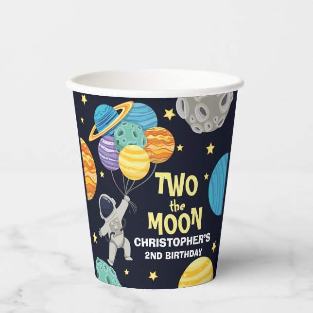 Zwei Mond Weltraumkids 2. Geburtstag Party Pappbecher (Vorderseite)