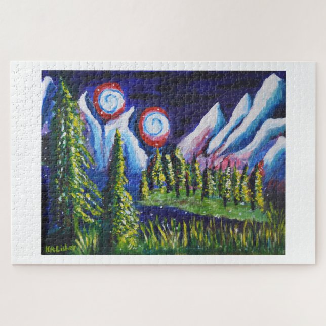 Zwei Mondberge Nachtlandschaft Kunst Puzzle (Horizontal)