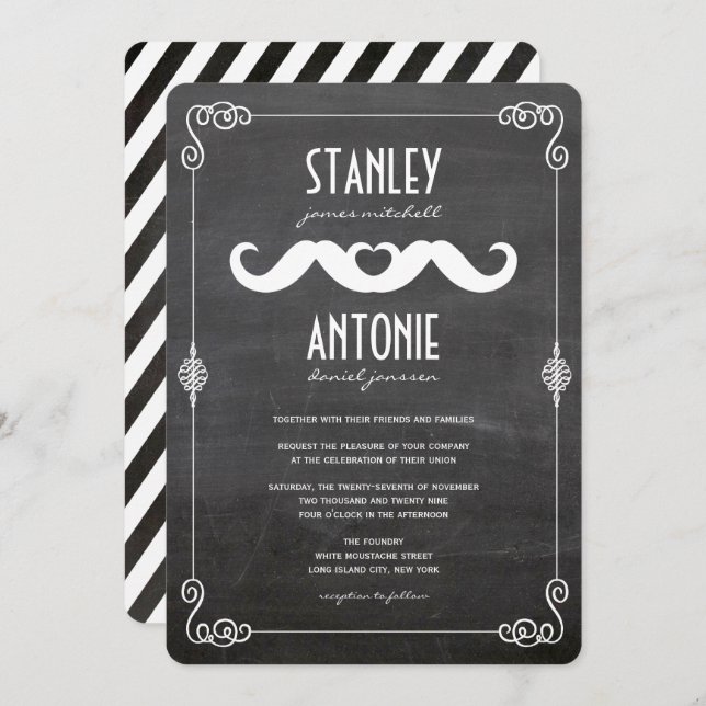 Zwei Mustaches Liebe Vintag Chalkboard Gay Wedding Einladung (Vorne/Hinten)