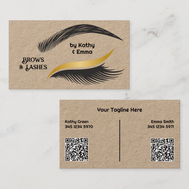 Zwei Namen Brows Lashes QR Kraft Visitenkarte (Vorne/Hinten)