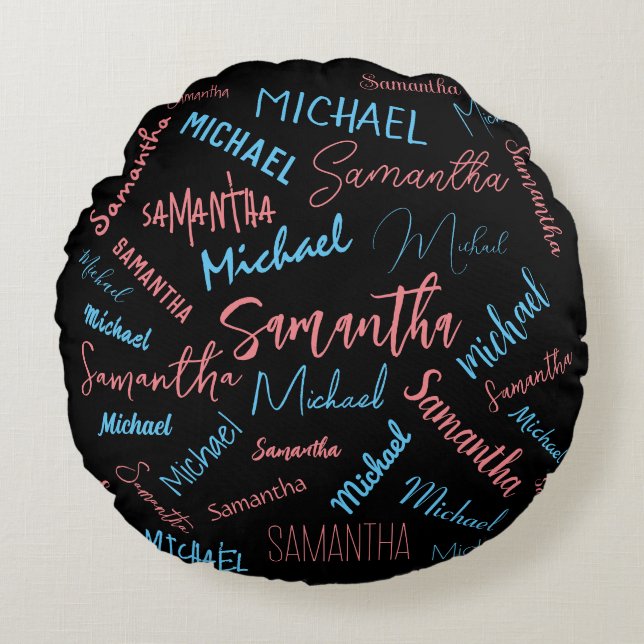 Zwei Namen Paare Muster monogramm blaues Licht pin Rundes Kissen (Vorderseite)