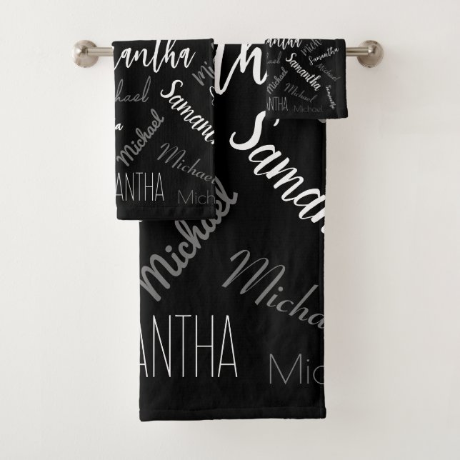 Zwei Namen, zwei Muster monogramm schwarz grau wei Badhandtuch Set (Insitu)
