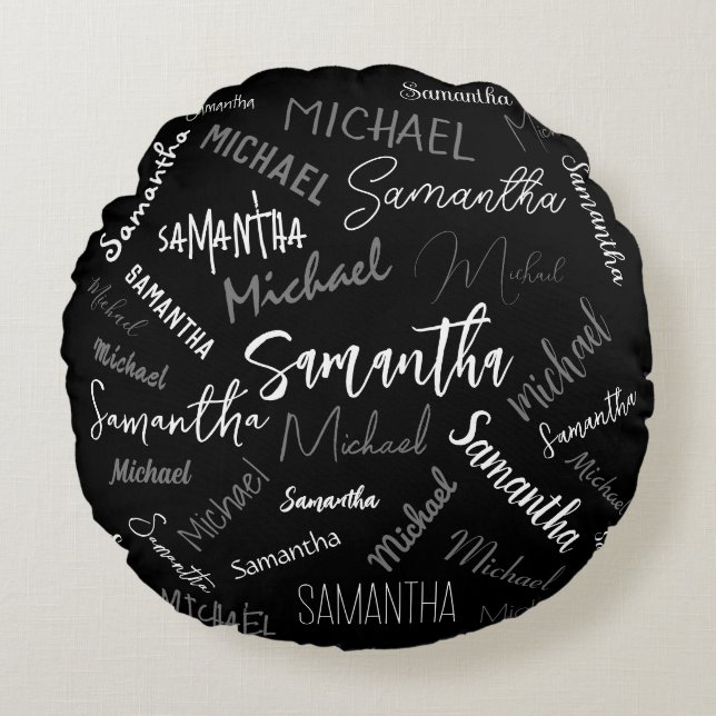Zwei Namen, zwei Muster monogramm schwarz grau wei Rundes Kissen (Vorderseite)
