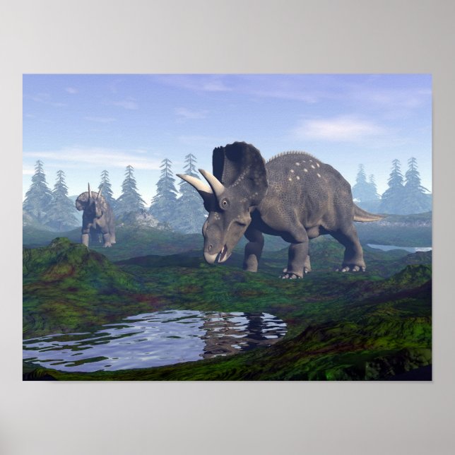 Zwei Nedokeratops/Diceratops Dinosaurier laufen Poster (Vorne)