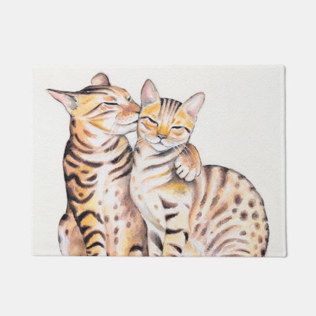 Zwei Niedliche Bengalische Katzen Aquarellkunst Fußmatte (Vorderseite)